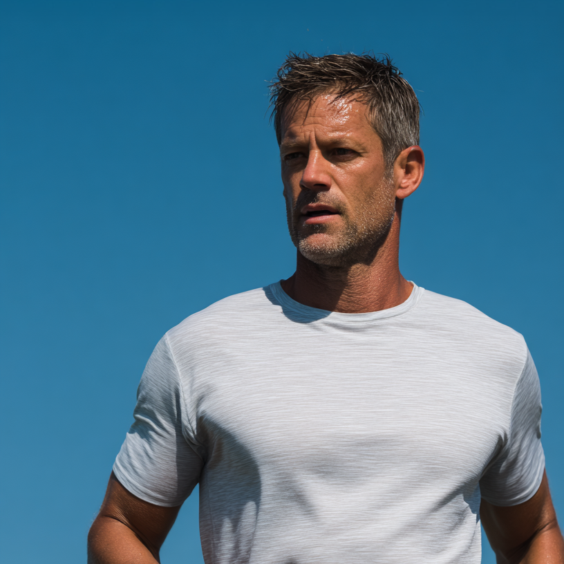 Man running under a clear blue sky