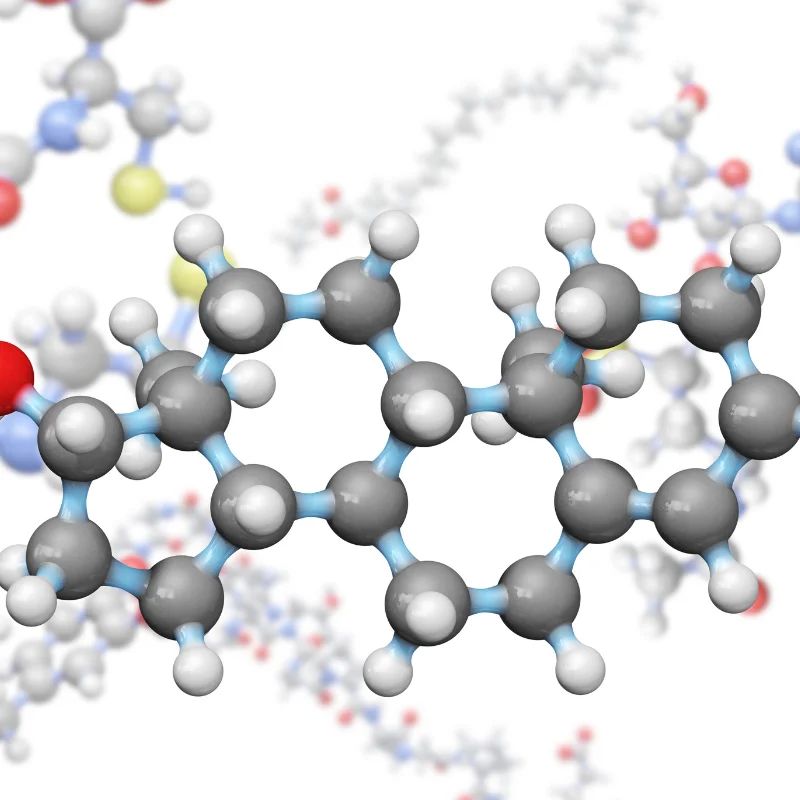 3D ball-and-stick model of a testosterone molecule against a white background