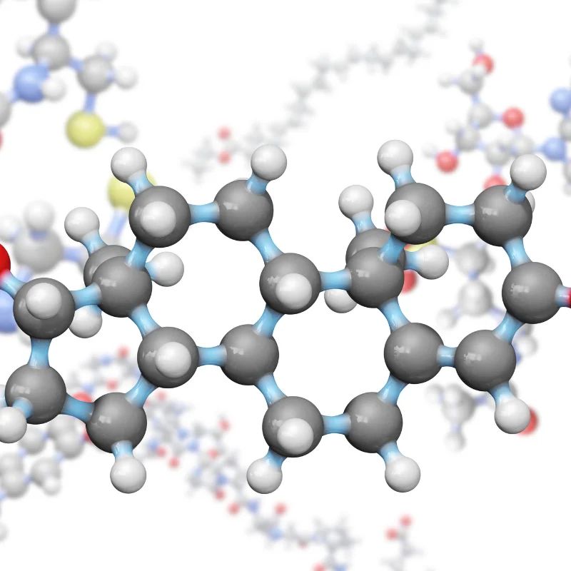 3D ball-and-stick model of a testosterone molecule against a white background