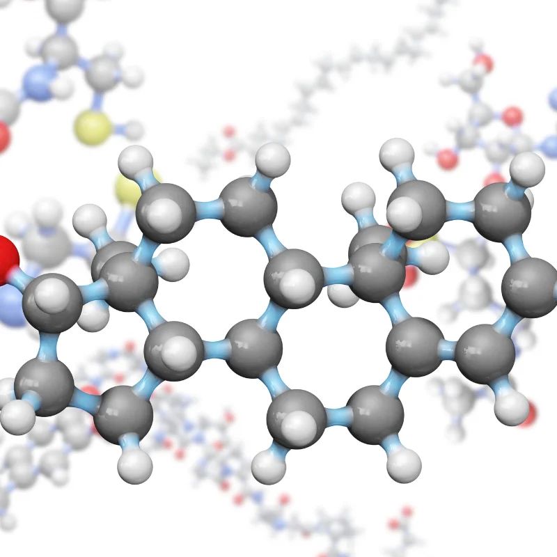 Ball-and-stick molecular model of a testosterone steroid structure
