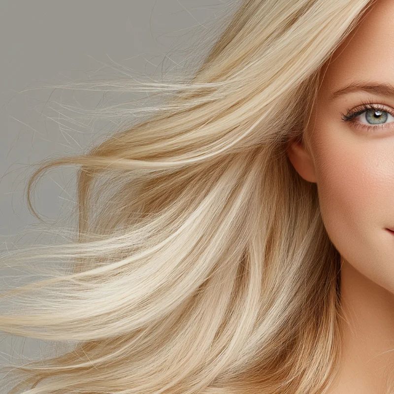 Close-up of a woman's face and flowing blonde hair against a grey backdrop