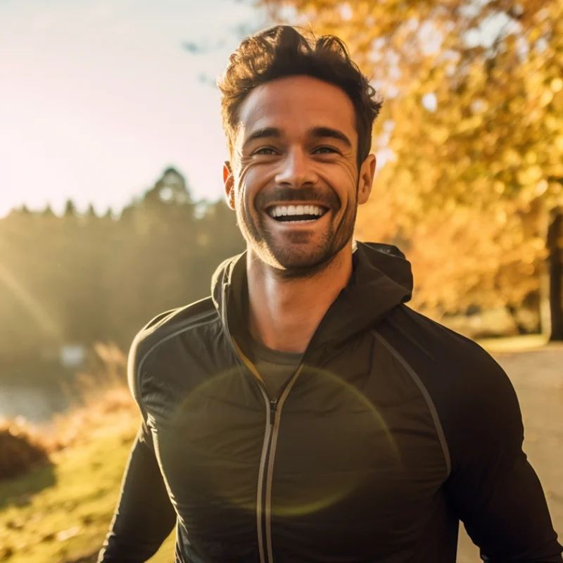 Smiling man in an athletic jacket outdoors in golden autumn sunlight
