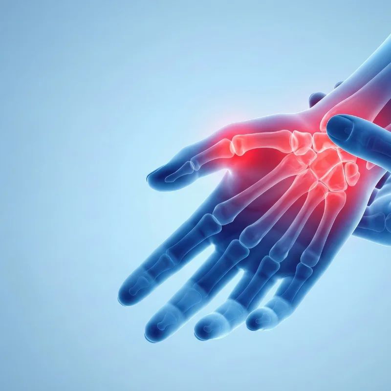 X-ray-style illustration of two hands with the wrist joint glowing red to show pain