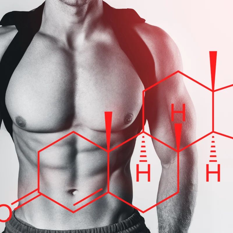 Muscular male torso in grayscale with a red testosterone molecule structure overlaid