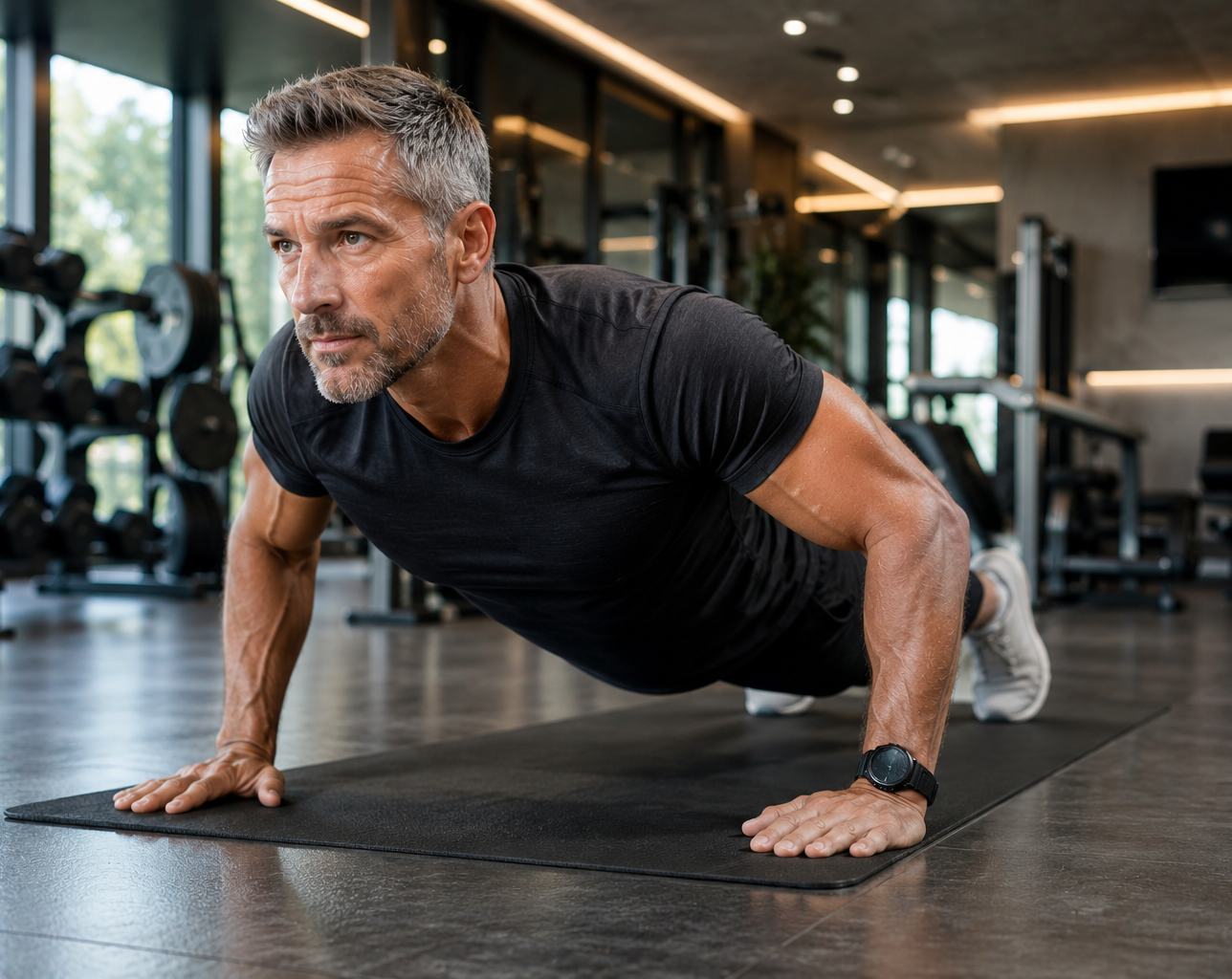 Athletic man holding a plank pose in a sunlit gym