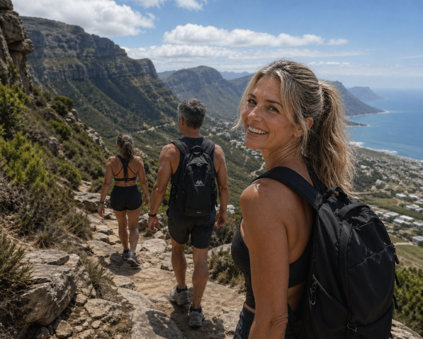 Three hikers on a coastal mountain trail overlooking the ocean