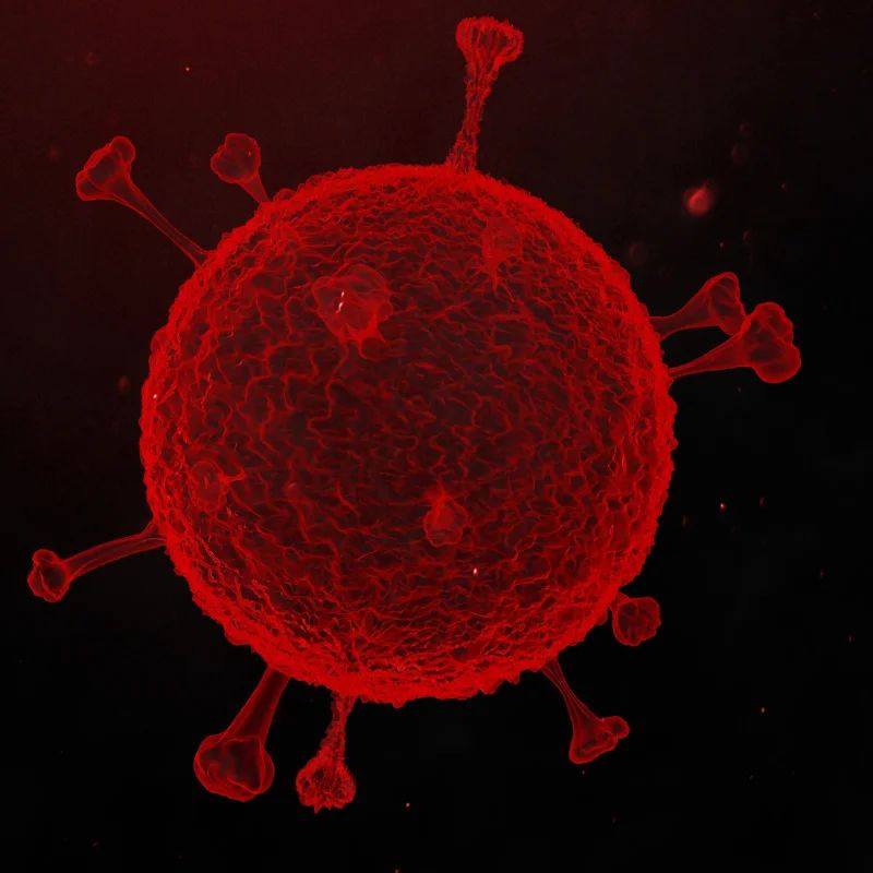 3D render of a single red virus particle with spike proteins on a dark background